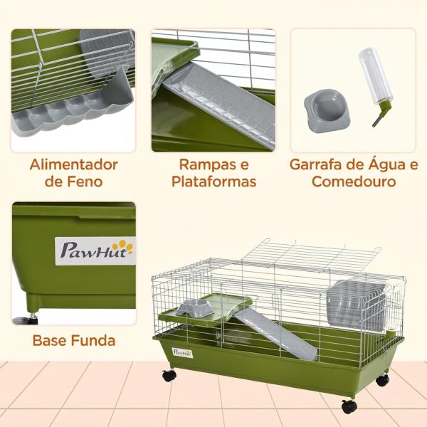 Gaiola para Pequenos Animais com Rodas, Bebedouro, Comedouro e Dispensador de Feno, para Coelhos e Porquinhos - da - Índia, 89x44x43 cm, Verde