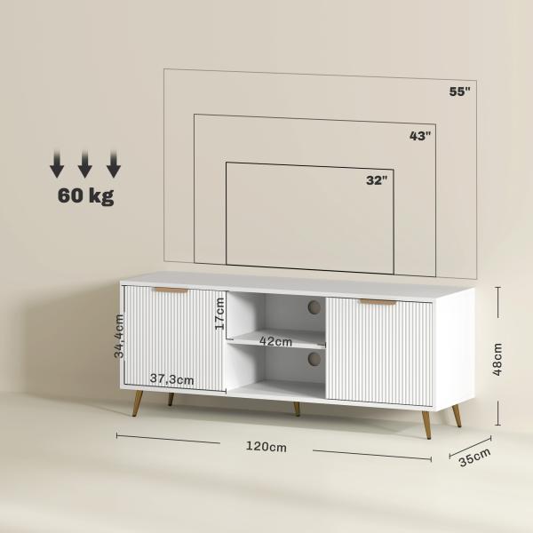 Móvel de TV Moderno Móvel de TV para Sala de Estar com 2 Compartimentos Abertos para Televisores de 55 Polegadas 120x35x48 cm Branco