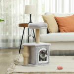 Arranhador para Gatos com Cama Caverna Plataforma Bola Suspensa e Poste de Juta 42x30x66 cm Cinza e Bege