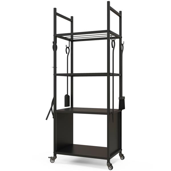 Suporte para Lenha com Rodas de 4 Níveis com Pá Escova Atiçador e Tenaz para Interior e Exterior 45x30x118 cm Preto