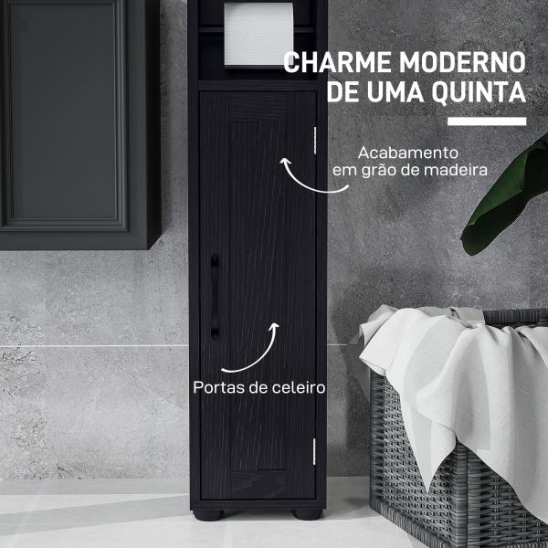 Coluna Casa de Banho com Compartimento Aberto Prateleiras Ajustáveis e Suporte para Papel Higiênico 20x20x185 cm Preto