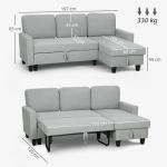 Sofá - Cama Chaise Longue de 3 Lugares Chaise Longue Reversível Ambos Lados com Armazenamento com Capas Removíveis 197x129x85 cm Cinza