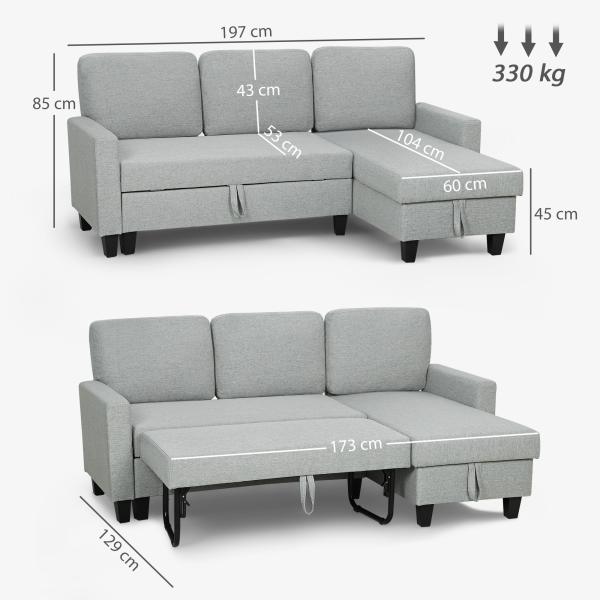 Sofá - Cama Chaise Longue de 3 Lugares Chaise Longue Reversível Ambos Lados com Armazenamento com Capas Removíveis 197x129x85 cm Cinza