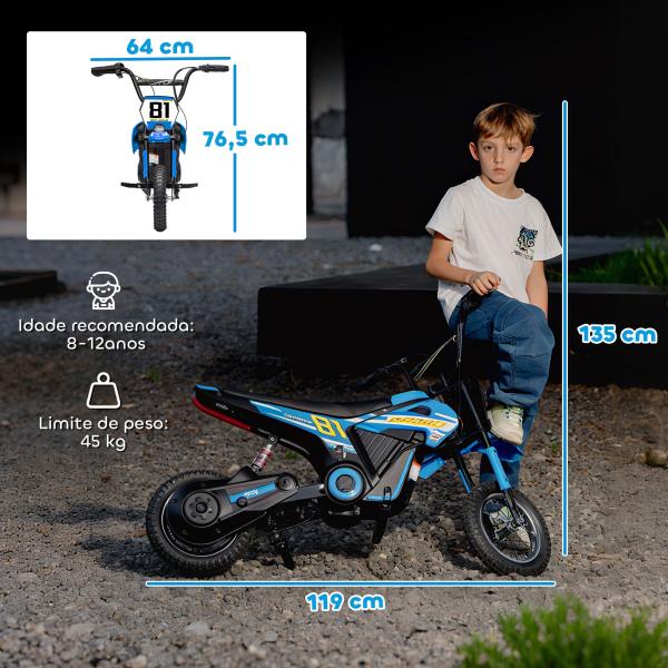 Mota Elétrica Infantil 24V 250W com Velocidade de 6 - 16 km/h Rodas Insufláveis de 30,5 cm e Suspensão para Crianças de 8 - 12 Anos Azul 119x64x76,5 cm