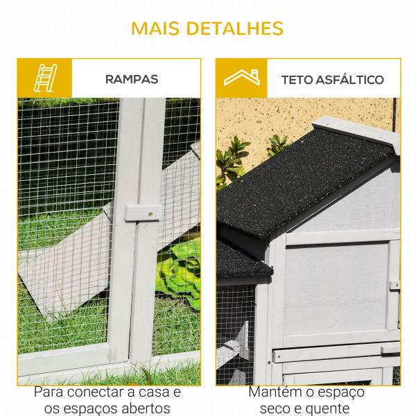 Coelheira de Exterior Grande Gaiola de Madeira para 2 - 4 Coelhos com Teto Asfáltico Recinto de Arame Bandeja Removível e Rampas 210x45,5x84,5cm Cinza e Preto