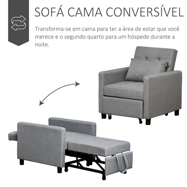 Sofá - cama Individual Poltrona com encosto reclinável Almofada removível Assento acolchoado e 4 rodas 69x82.5x84 cm Cinza
