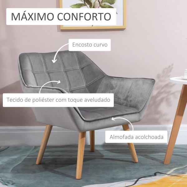 Poltrona de Sala Moderna Estofada em Veludo com Pés de Madeira, Poltrona Relax para Sala de Estar, Cinzento