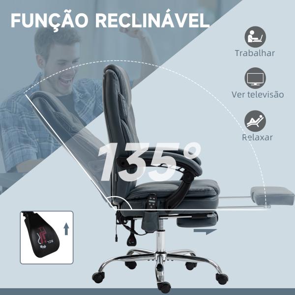 Cadeira de Escritório com 6 Pontos de Massagem por Vibração Aquecimento Estofada em Couro PU 67x67x113 - 121 cm Cinza