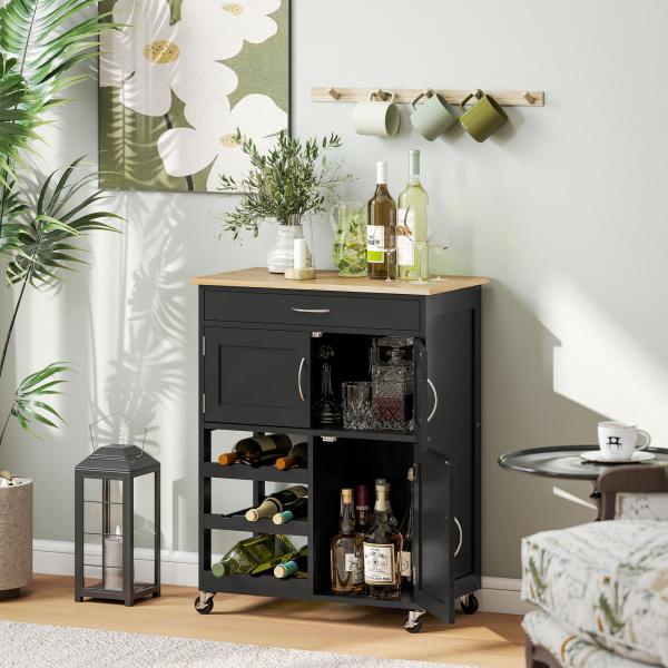 Carrinho de Cozinha com Rodas 2 Armários de Arrumação Gaveta e 3 Prateleiras Abertas para 9 Garrafas 67x37x87 cm Preto