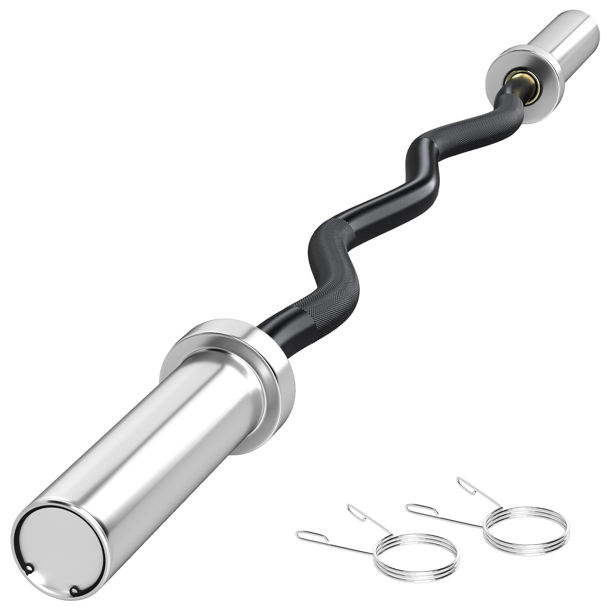 Barra de Pesos de Aço 120 cm Barra Curl EZ Ø50 mm com 2 Grampos Carga 100 kg Barra Olimpica para Discos de Ø5 cm Prata e Preto