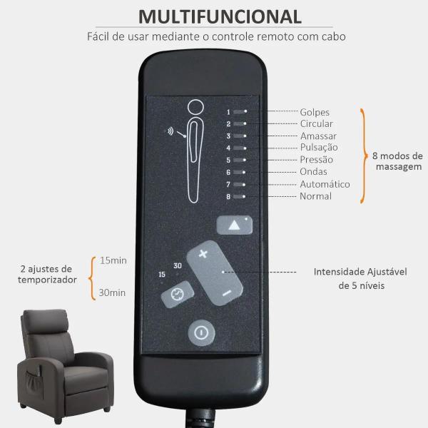 Poltrona de Massagem Reclinável com 2 Zonas de Massagem 8 Programas e 5 Níveis de Intensidade 68x88x98 cm Marrom Escuro