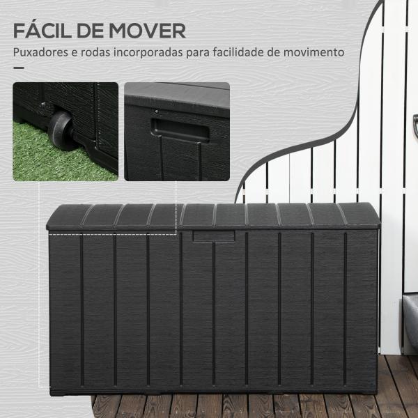 Baú de Armazenamento Exterior 366L com Parede Dupla Rodas Alças para Varanda Pátio Carga 100 kg 122,4x62x64,5 cm Preto