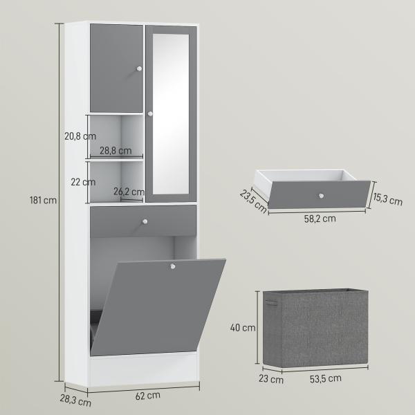 Armário de Casa de Banho com Cesto para Roupa Suja Espelho Gaveta e Prateleiras Ajustáveis 62x28,3x181 cm Branco e Cinza