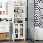 Armário Alto de Casa de Banho com 2 Portas de Vidro e 3 Prateleiras Armário Auxiliar Estilo Moderno 53x30x162cm Branco