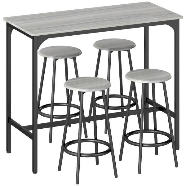 Conjunto de Móveis Altos de Bar com 5 Peças Mesa de Refeição Industrial e 4 Bancos Redondos Cinzento e Preto