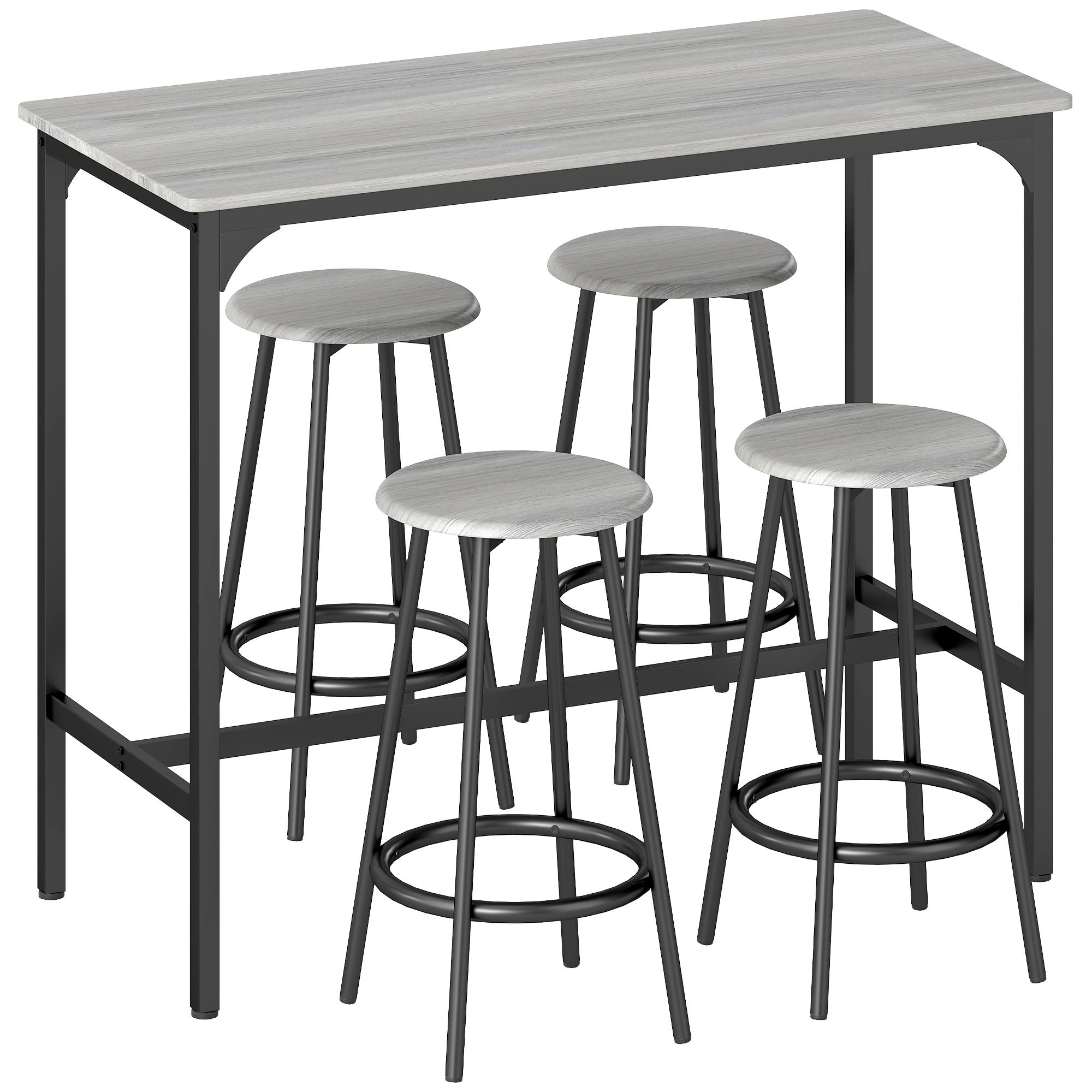 Conjunto de Móveis Altos de Bar com 5 Peças Mesa de Refeição Industrial e 4 Bancos Redondos Cinzento e Preto