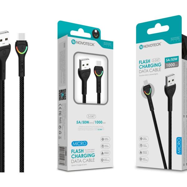 Cabo Micro USB Negro 5A 50W 1M S-047 com Luz Indicador