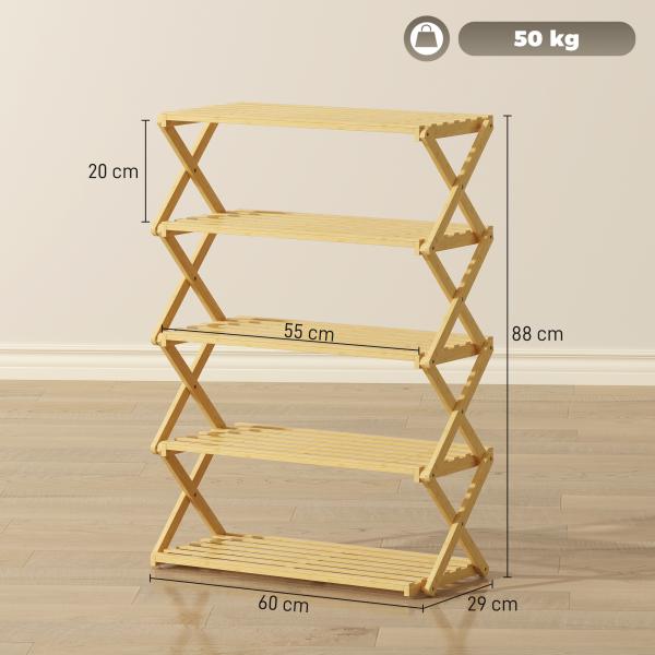 Sapateira Estreita de Bambu Dobrável de 5 Níveis para Entrada Corredor Quarto 60x29x88 cm Madeira