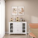 Aparador de Cozinha com Armário 2 Gavetas 2 Portas de Vidro e Prateleiras Ajustáveis Móvel Auxiliar de Armazenamento para Sala de Jantar Sala de Estar 120x40x90 cm Branco
