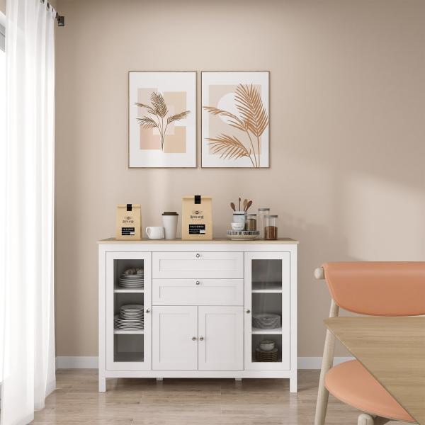 Aparador de Cozinha com Armário 2 Gavetas 2 Portas de Vidro e Prateleiras Ajustáveis Móvel Auxiliar de Armazenamento para Sala de Jantar Sala de Estar 120x40x90 cm Branco