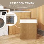 Cesto de Roupa com Tampa 100L de Bambu com 2 Compartimentos Bolsa Interior Amóvivel 52x32x63 cm Marrom e Creme