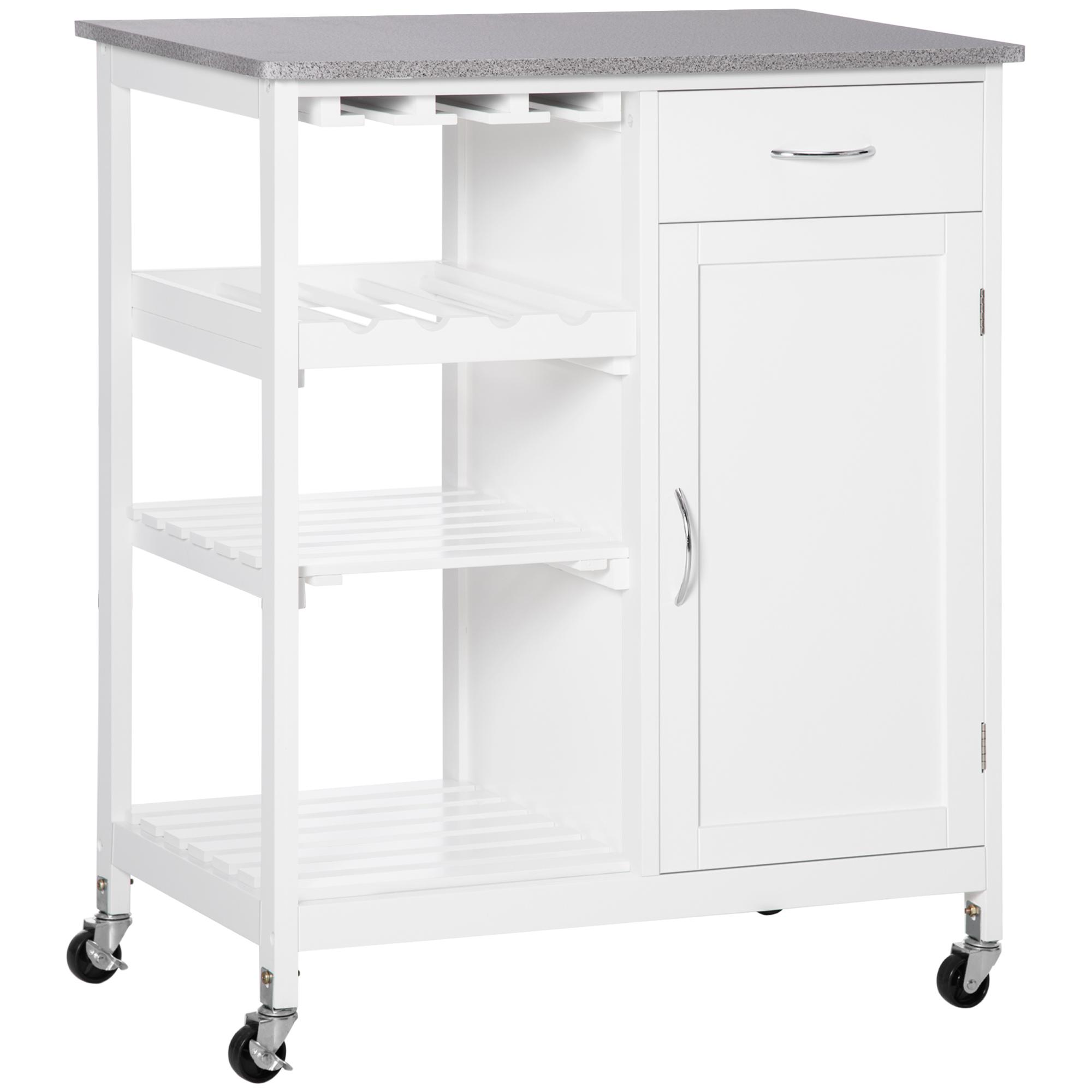 Carrinho de Cozinha com Rodas 1 Gaveta Prateleiras Suporte para 4 Garrafas e Armário Carga 40kg 76x48x88cm Branco e Cinza