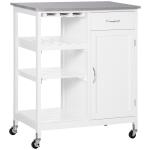 Carrinho de Cozinha com Rodas 1 Gaveta Prateleiras Suporte para 4 Garrafas e Armário Carga 40kg 76x48x88cm Branco e Cinza