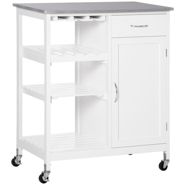 Carrinho de Cozinha com Rodas 1 Gaveta Prateleiras Suporte para 4 Garrafas e Armário Carga 40kg 76x48x88cm Branco e Cinza