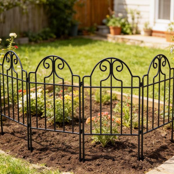 Conjunto de 4 Cercas de Jardim Metálicas 125x57 cm com Design Arqueado Resistente e Fácil de Instalar para Pátio Relva Preto
