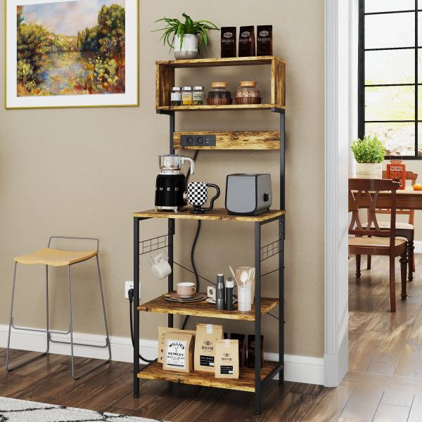 Estante de Cozinha Móvel Auxiliar de Cozinha com Ficha 2 Carregadores USB Ganchos e Prateleira Ajustável 60x42x153 cm Castanho Rústico
