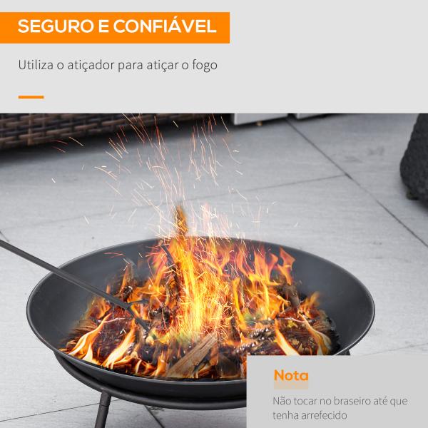 Braseiro de Exterior Braseiro de Metal com Atiçador para Varanda Campismo Ar Livre Ø47x21 cm Preto