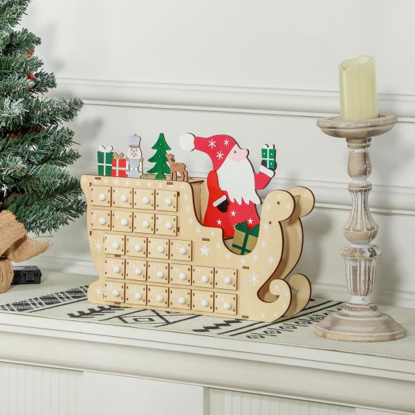 Calendário do Advento de Madeira com 24 Gavetas Decorado com Pai Natal no Trenó Decoração de Natal 22,5x8x36 cm Madeira