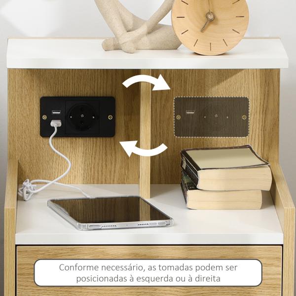 Mesa de Cabeceira Moderna Mesa de Cabeceira com Entrada USB Tomada Elétrica Gaveta e Prateleiras 40x40x60 cm Madeira
