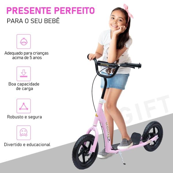 Trotinete para Crianças acima de 5 anos Scooter de 2 Rodas Grandes de 12 Polegadas com Freio e Guidão Ajustável em Altura Carga Máx. 50kg 120x52x80 - 88cm Rosa