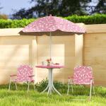 Conjunto Infantil de Mesa e Cadeiras de Jardim de 4 Peças Cadeiras Dobráveis Chapéu de Sol Desmontável Design Unicórnios Rosa