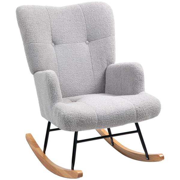 Poltrona Baloiço em Borrego Poltrona para Amamentação com Encosto Capitonê e Base de Madeira 65x88x87 cm Cinza Claro