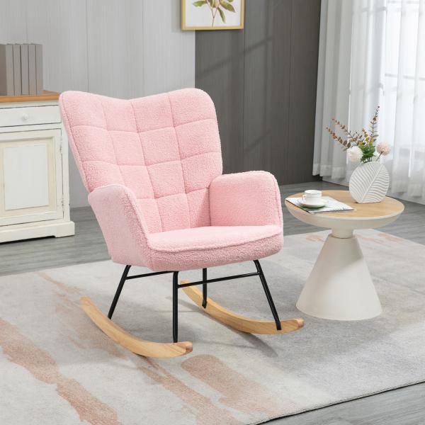 Poltrona Baloiço em Borrego com Oscilação de 40° Pés de Madeira de Faia e Estrutura de Aço 71x98x101 cm Rosa