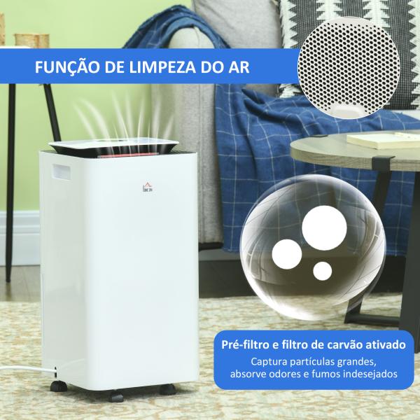 Desumidificador Elétrico 12L/dia Depósito 2,5L Silencioso com 5 Modos 2 Velocidades Ecrã LED e Temporizador 25x25x50,5 cm Branco
