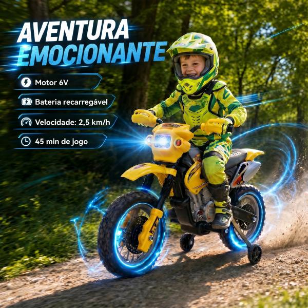 Mota Elétrica para Crianças 6V com Luzes e Música para Idades 3 - 6 Anos Amarelo