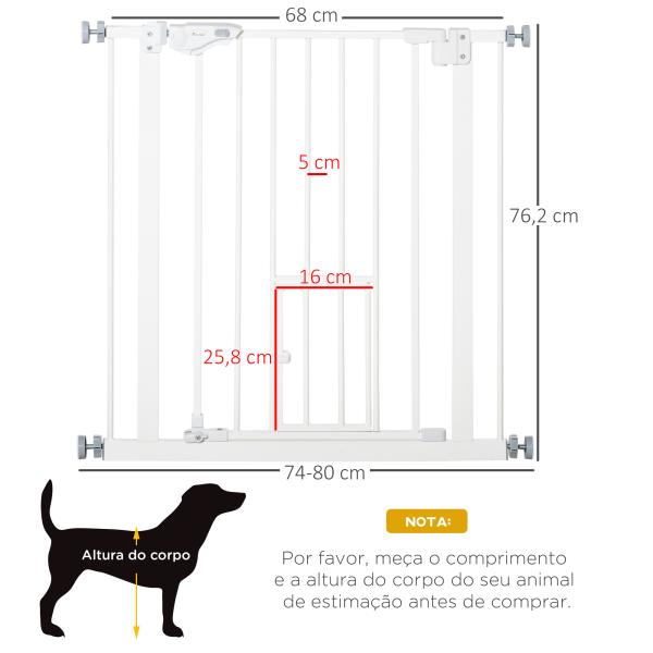 Barreira de Segurança para Cães Animais de Estimação 74 - 80cm para Escadas Portas e Corredor com Porta com Fechamento Automático e Sistema de Duplo Bloqueio Altura 76,2cm Branco