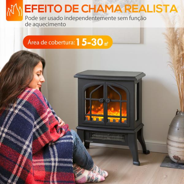 Lareira Elétrica 900/1800W com Efeito Chama 3D 2 Níveis de Potência Termóstato Ajustável para 15 - 30 ㎡ 39x24x48 cm Preto
