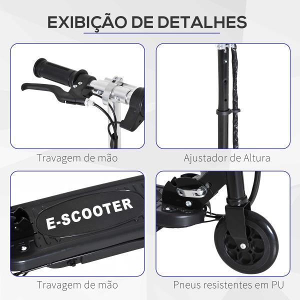 Trotinete Elétrica para Crianças + 7 Anos trotinete Dobrável com Altura Ajustável 24V Bateria Recarregável Velocidade até 12 km/h e Carga 50 kg 74x36x82,5 - 92,5 cm Preto