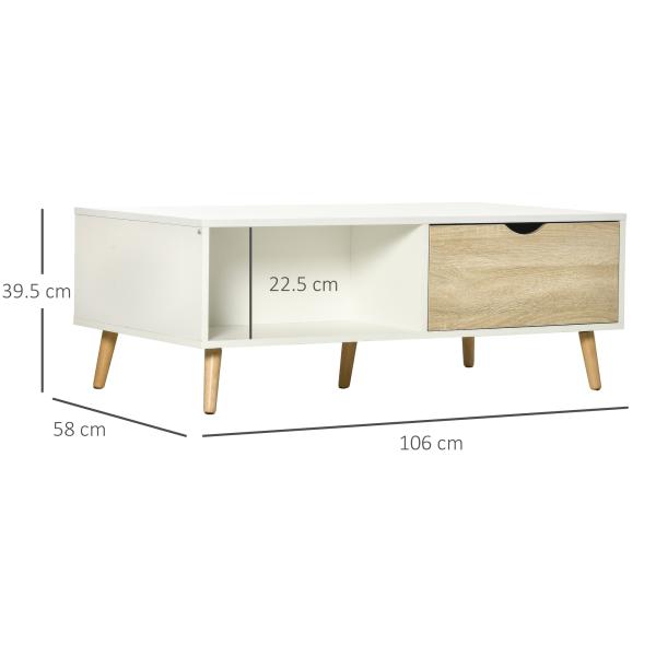 Mesa de Centro Retangular com 2 Gavetas e Compartimentos Abertos Estilo Nórdico 106x58x39,5cm Branco e Madeira