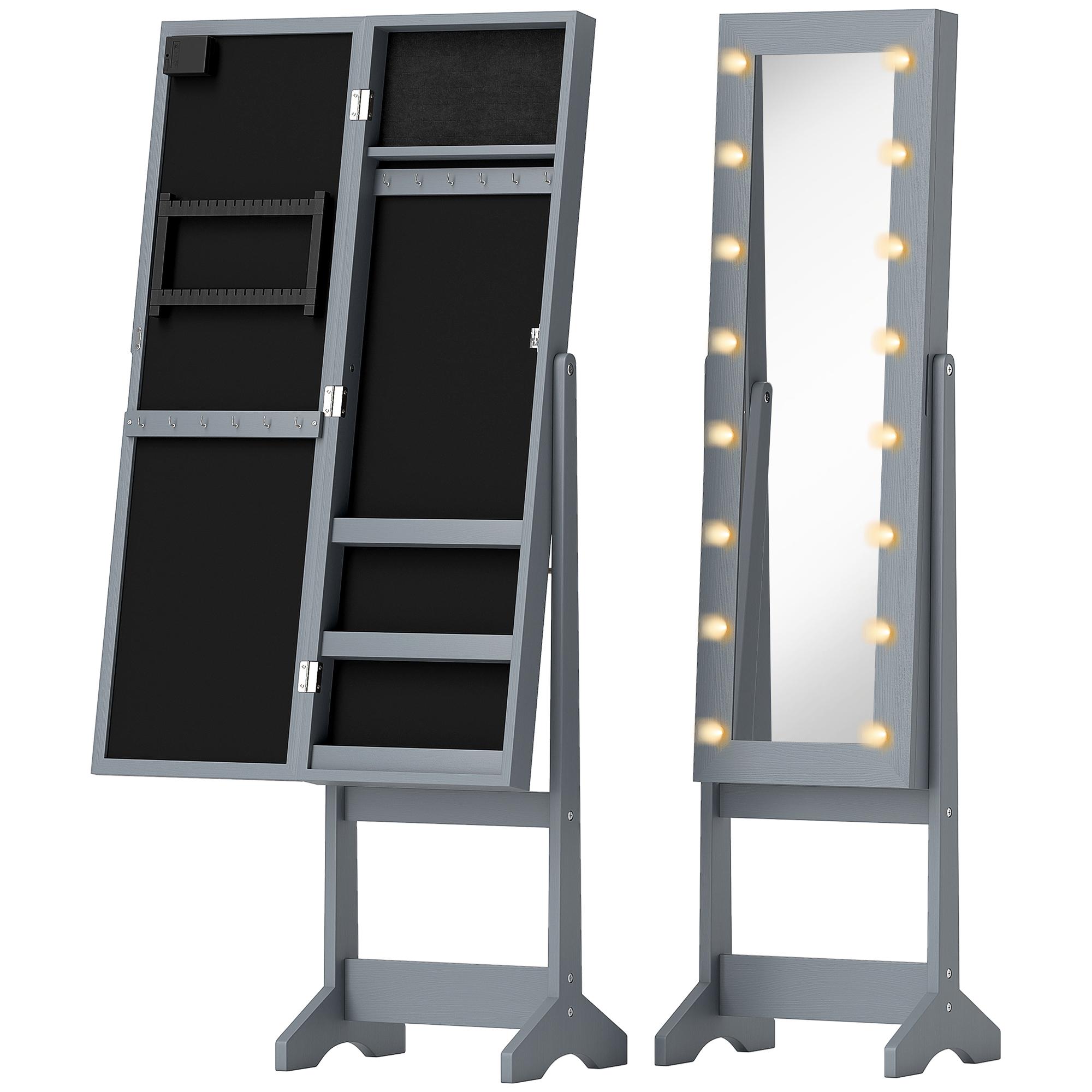 Espelho Joalheiro com Luzes LED Armário para Joias com Ângulo Ajustável Prateleiras Ranuras para Anéis 36x30x136 cm Cinzento