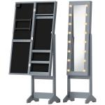 Espelho Joalheiro com Luzes LED Armário para Joias com Ângulo Ajustável Prateleiras Ranuras para Anéis 36x30x136 cm Cinzento