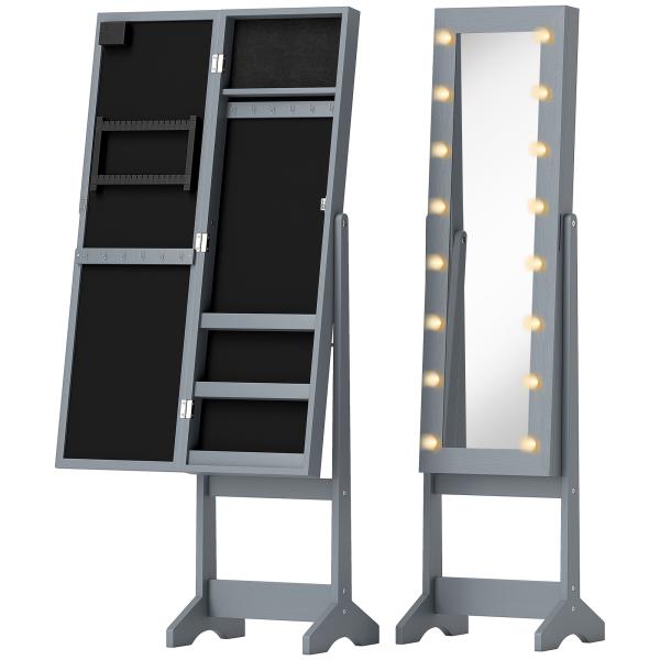 Espelho Joalheiro com Luzes LED Armário para Joias com Ângulo Ajustável Prateleiras Ranuras para Anéis 36x30x136 cm Cinzento