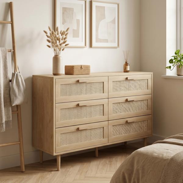 Cómoda para Quarto com 6 Gavetas e Frontal de Vime Pés de Madeira Estilo Bohemio 110x40x75 cm Madeira