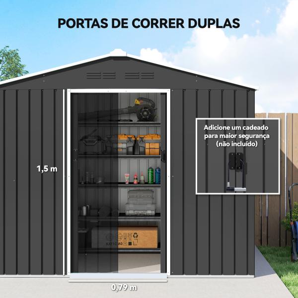 Abrigo de Jardim Exterior 3,6 m² 236x171x191 cm com Portas Deslizantes e Aberturas de Ventilação Cinzento Escuro