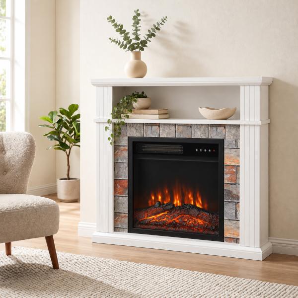 Lareira Elétrica Decorativa 1800 W com Prateleira Efeito de Chama 5 Níveis de Brilho Termóstato Temporizador e Comando Branco