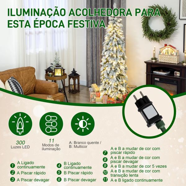 Árvore de Natal Estreita 180 cm Árvore de Natal Nevada com Luzes LED Temporizador 11 Modos de Iluminação Verde